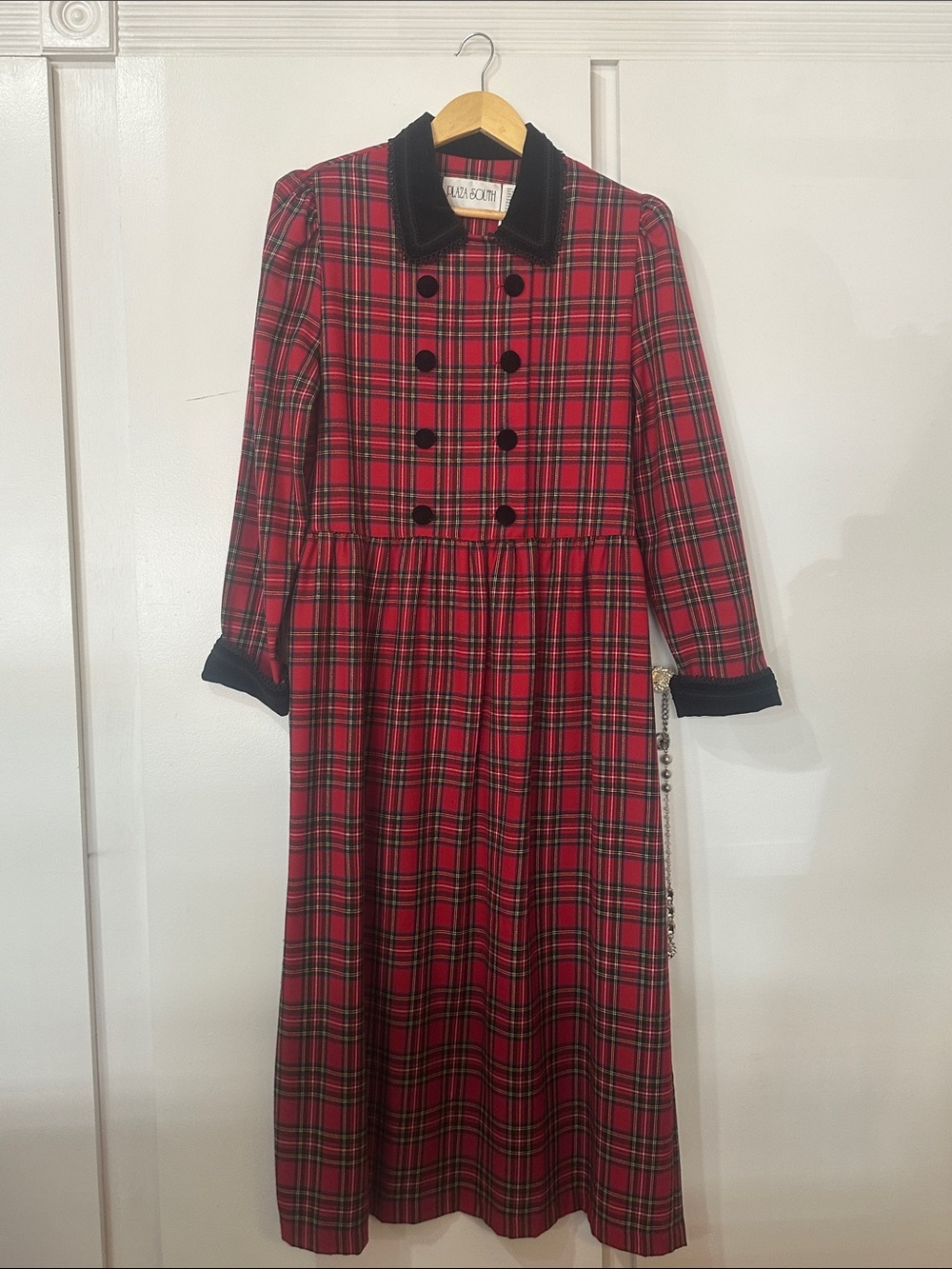 Red Plaid Maxi Dress with Black Velvet Trim - Classic Double-Breasted Style